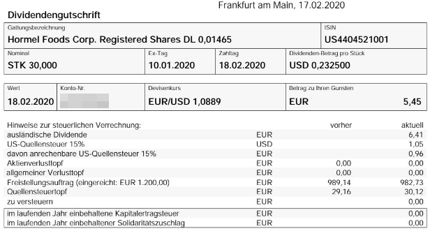 Abrechnung Dividende Hormel Foods Abrechnung Dividende Hormel Foods