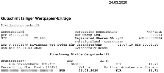 Abrechnung Zwischendividende BHP Group März 2020 Abrechnung Zwischendividende BHP Group März 2020