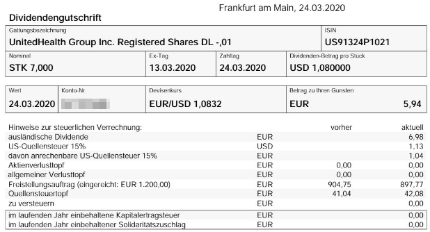 Abrechnung Dividende UnitedHealth Group März 2020 Abrechnung Dividende UnitedHealth Group März 2020