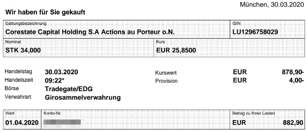 Abrechnung Aktienkauf Corestate Capital Holding vom 30.03.2020 Abrechnung Aktienkauf Corestate Capital Holding vom 30.03.2020