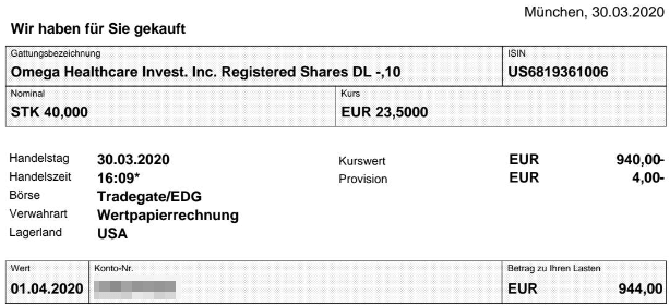 Abrechnung Aktienkauf Omega Healthcare Investors vom 30.03.2020 Abrechnung Aktienkauf Omega Healthcare Investors vom 30.03.2020