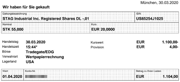 Abrechnung Aktienkauf STAG Industrial vom 30.03.2020 Abrechnung Aktienkauf STAG Industrial vom 30.03.2020