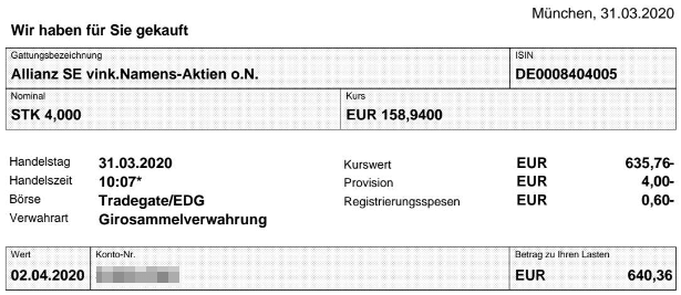 Abrechnung Aktienkauf Allianz vom 31.03.2020 Abrechnung Aktienkauf Allianz vom 31.03.2020