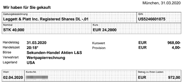 Abrechnung Aktienkauf Leggett & Platt vom 31.03.2020 Abrechnung Aktienkauf Leggett & Platt vom 31.03.2020