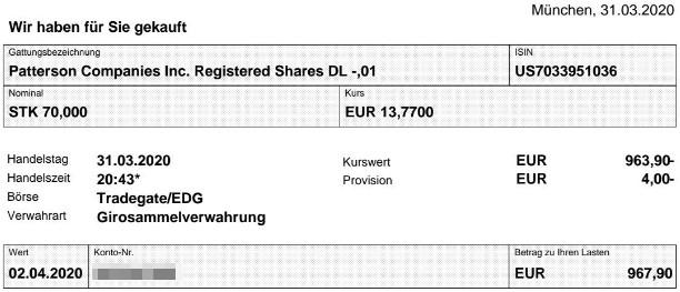 Abrechnung Aktienkauf Patterson Companies vom 31.03.2020 Abrechnung Aktienkauf Patterson Companies vom 31.03.2020