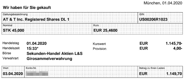 Abrechnung Aktienkauf AT&T vom 01.04.2020 Abrechnung Aktienkauf AT&T vom 01.04.2020