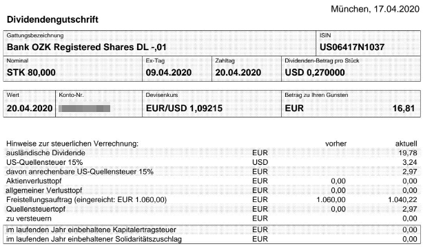 Abrechnung Dividende Bank OZK April 2020 Abrechnung Dividende Bank OZK April 2020