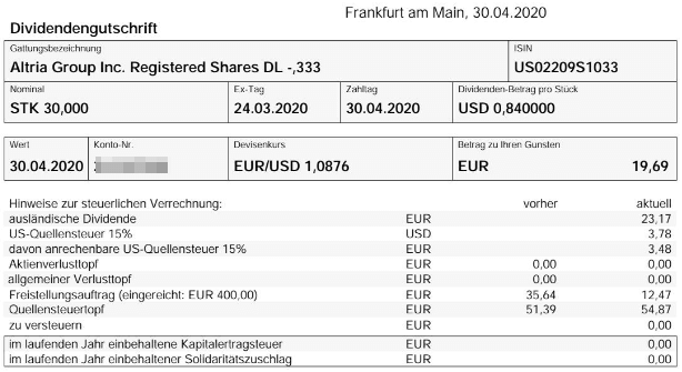 Abrechnung Altria Dividende April 2020 bei onvista Abrechnung Altria Dividende April 2020 bei onvista