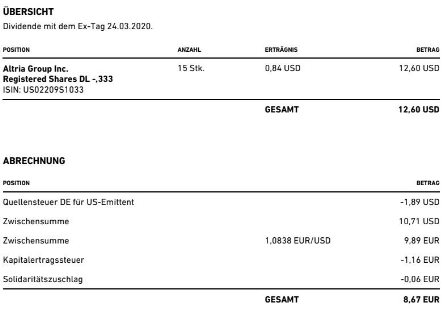 Abrechnung Altria Dividende April 2020 bei Trade Republic Abrechnung Altria Dividende April 2020 bei Trade Republic