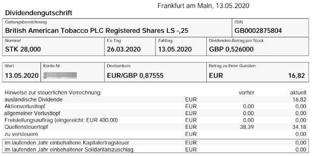 Abrechnung British American Tobacco Dividende Mai 2020 Abrechnung British American Tobacco Dividende Mai 2020