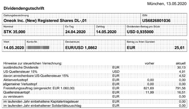 Abrechnung Oneok Dividende Mai 2020 bei smartbroker Abrechnung Oneok Dividende Mai 2020 bei smartbroker