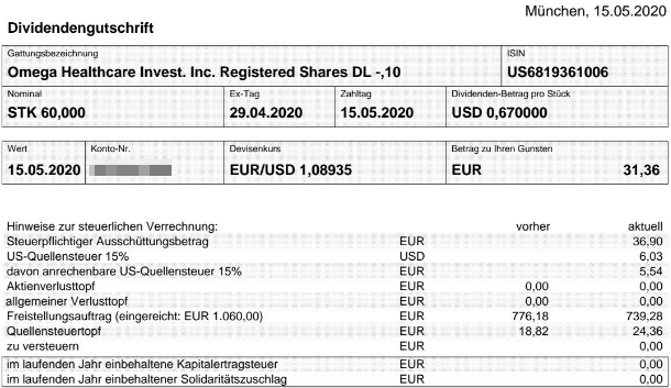Abrechnung Omega Healthcare Investors Dividende Mai 2020 Abrechnung Omega Healthcare Investors Dividende Mai 2020