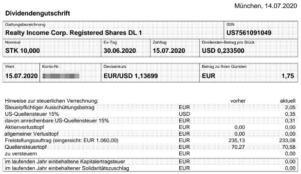 Abrechnung Realty Income Dividende Juli 2020 Abrechnung Realty Income Dividende Juli 2020