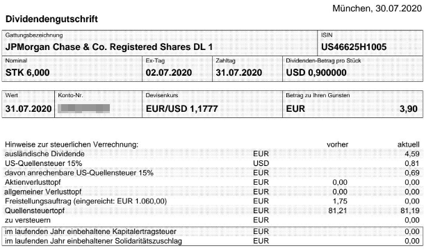 Abrechnung JPMorgan Chase Dividende Juli 2020 Abrechnung JPMorgan Chase Dividende Juli 2020