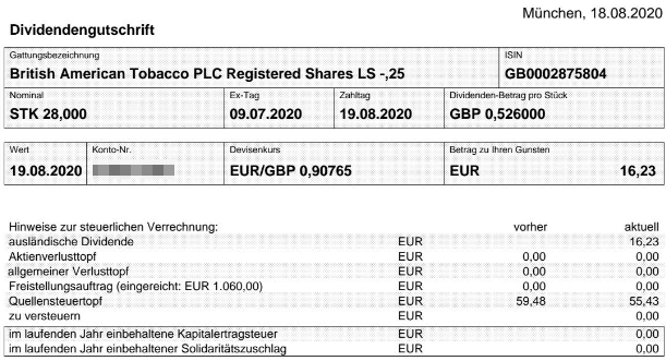 Abrechnung British American Tobacco Dividende August 2020 Abrechnung British American Tobacco Dividende August 2020