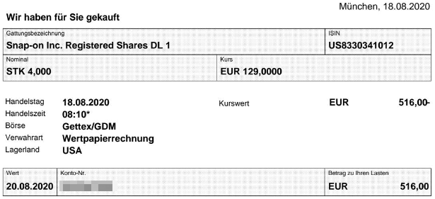 Abrechnung Kauf Snap-on Aktie vom 20.08.2020 Abrechnung Kauf Snap-on Aktie vom 20.08.2020