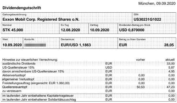 Abrechnung Exxon Mobil Dividende September 2020 Abrechnung Exxon Mobil Dividende September 2020