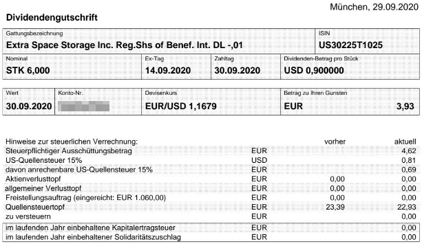 Abrechnung Extra Space Storage Dividende September 2020 Abrechnung Extra Space Storage Dividende September 2020
