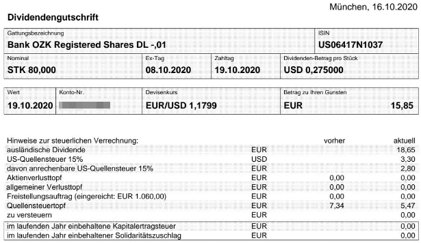 Abrechnung Bank OZK Dividende Oktober 2020 Abrechnung Bank OZK Dividende Oktober 2020