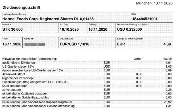 Abrechnung Hormel Foods Dividende November 2020 Abrechnung Hormel Foods Dividende November 2020