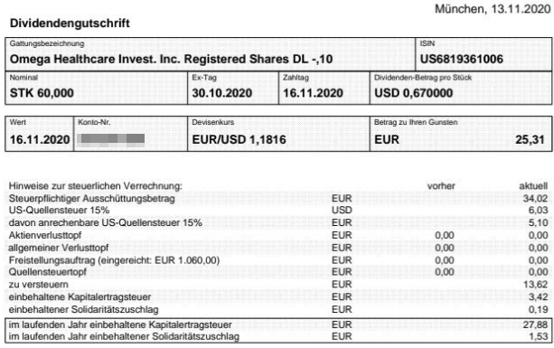 Abrechnung Omega Healthcare Investors Dividende November 2020 Abrechnung Omega Healthcare Investors Dividende November 2020