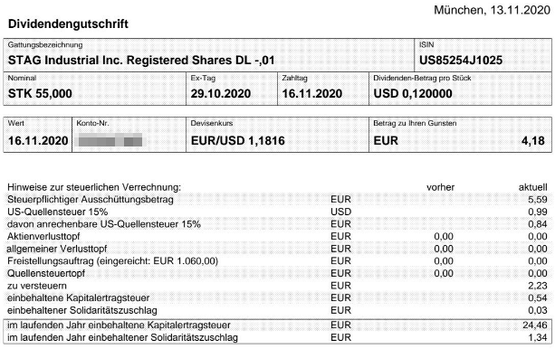 Abrechnung STAG Industrial Dividende November 2020 Abrechnung STAG Industrial Dividende November 2020