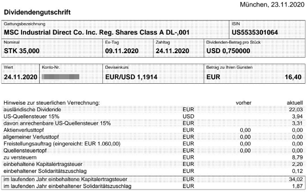 Abrechnung MSC Industrial Direct Dividende November 2020 Abrechnung MSC Industrial Direct Dividende November 2020