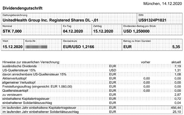 Abrechnung UnitedHealth Group Dividende Dezember 2020 Abrechnung UnitedHealth Group Dividende Dezember 2020
