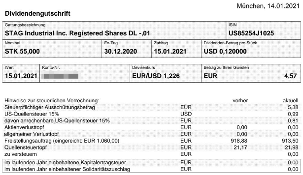 Abrechnung STAG Industrial Dividende Januar 2021 Abrechnung STAG Industrial Dividende Januar 2021
