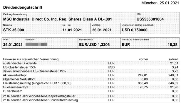 Abrechnung MSC Industrial Direct Dividende Januar 2021 Abrechnung MSC Industrial Direct Dividende Januar 2021