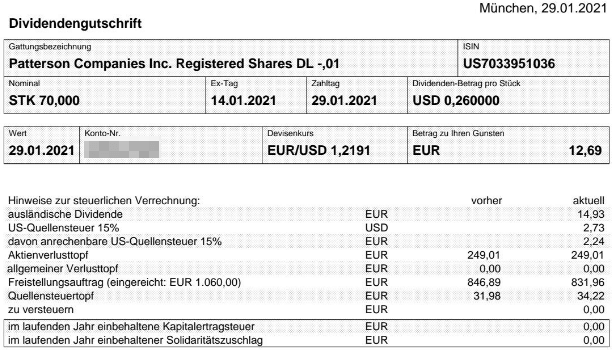 Abrechnung Patterson Companies Dividende Januar 2021 Abrechnung Patterson Companies Dividende Januar 2021