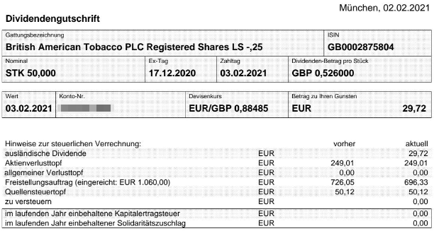 Abrechnung British American Tobacco Dividende Februar 2021 Abrechnung British American Tobacco Dividende Februar 2021
