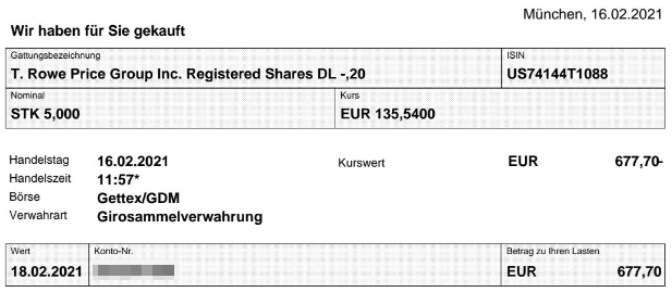 Abrechnung Kauf T. Rowe Price Aktie vom 16.02.2021 Abrechnung Kauf T. Rowe Price Aktie vom 16.02.2021