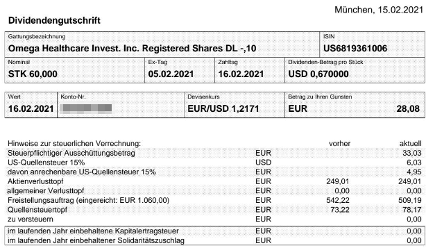 Abrechnung Omega Healthcare Investors Dividende Februar 2021 Abrechnung Omega Healthcare Investors Dividende Februar 2021