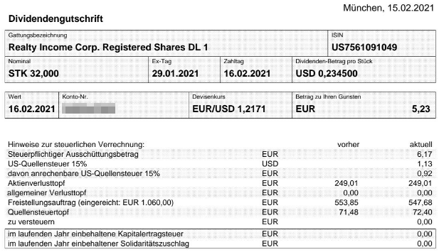Abrechnung Realty Income Dividende Februar 2021 Abrechnung Realty Income Dividende Februar 2021