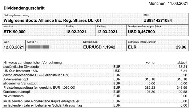 Abrechnung Walgreens Boots Alliance Dividende März 2021 Abrechnung Walgreens Boots Alliance Dividende März 2021