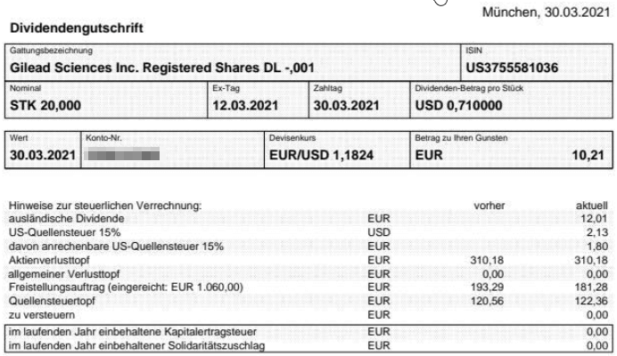 Abrechnung Gilead Sciences Dividende März 2021 Abrechnung Gilead Sciences Dividende März 2021
