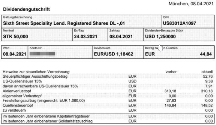 Abrechnung Sixth Street Speciality Lending Sonderdividende April 2021 Abrechnung Sixth Street Speciality Lending Sonderdividende April 2021
