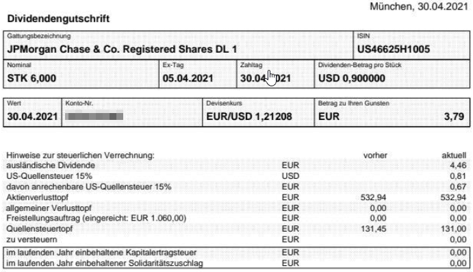 Abrechnung JPMorgan Chase Dividende April 2021 Abrechnung JPMorgan Chase Dividende April 2021