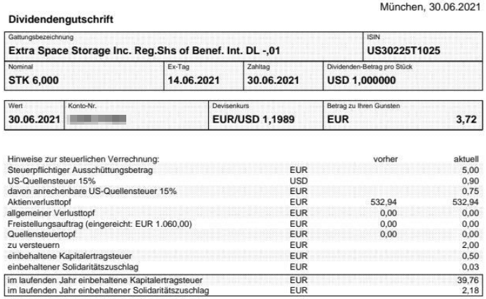 Abrechnung Extra Space Storage Dividende Juni 2021 Abrechnung Extra Space Storage Dividende Juni 2021