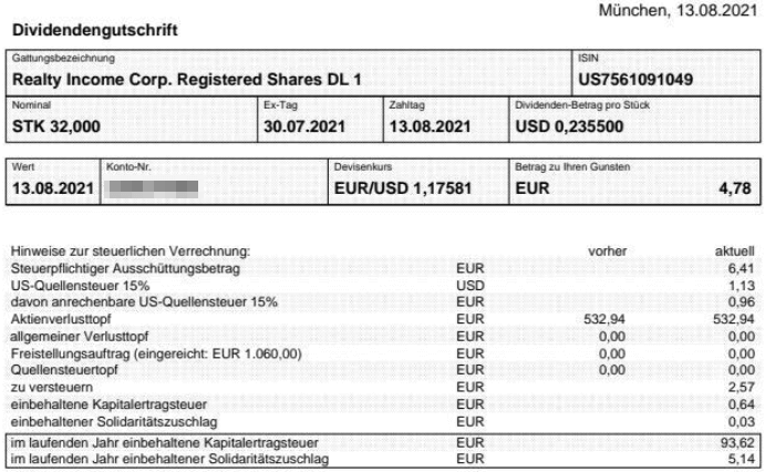 Abrechnung Realty Income Dividende Juli 2021 Abrechnung Realty Income Dividende August 2021