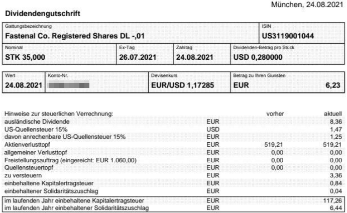 Abrechnung Fastenal Dividende August 2021 Abrechnung Fastenal Dividende August 2021