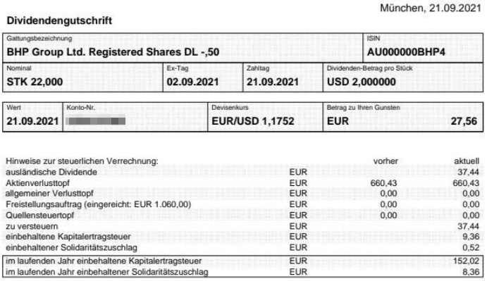 Abrechnung Schlußdividende BHP Group September 2021 Abrechnung Schlußdividende BHP Group September 2021