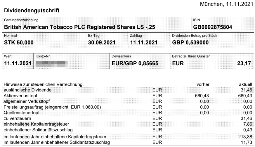 Abrechnung British American Tobacco Dividende November 2021 Abrechnung British American Tobacco Dividende November 2021