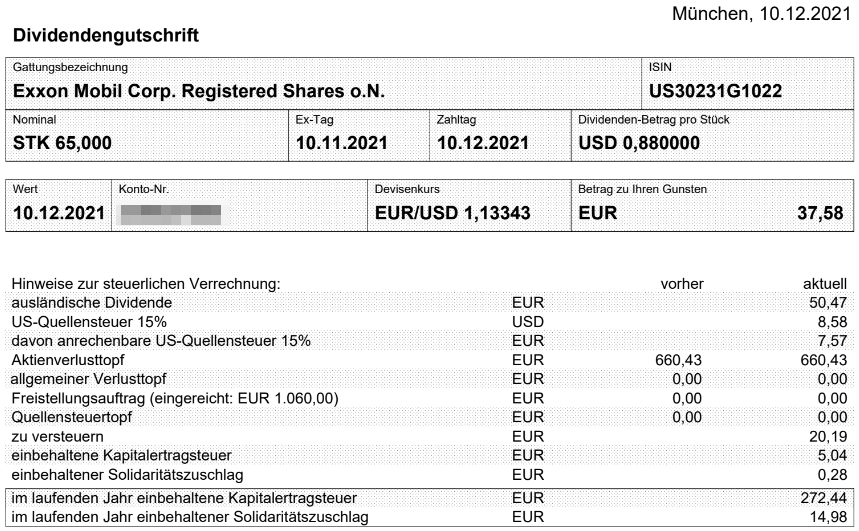 Abrechnung Exxon Mobil Dividende Dezember 2021 Abrechnung Exxon Mobil Dividende Dezember 2021
