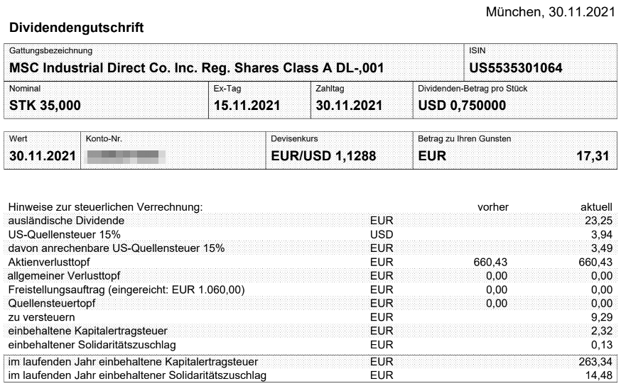 Abrechnung MSC Industrial Direct Dividende November 2021 Abrechnung MSC Industrial Direct Dividende November 2021