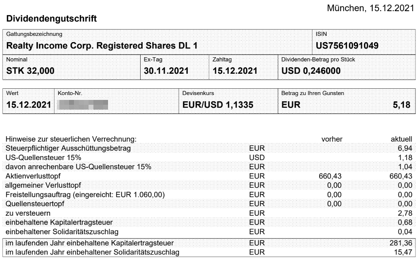 Abrechnung Realty Income Dividende Dezember 2021 Abrechnung Realty Income Dividende Dezember 2021