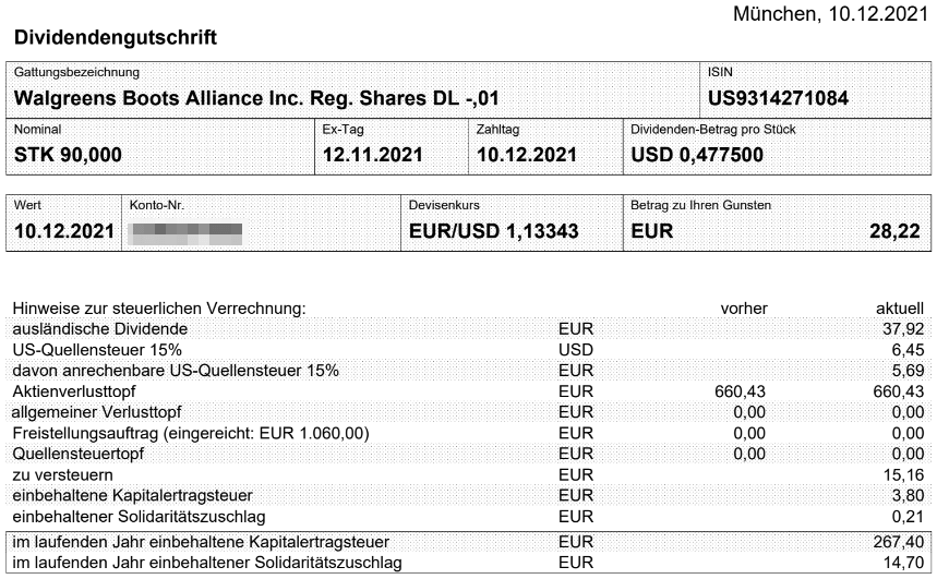 Abrechnung Walgreens Boots Alliance Dividende Dezember 2021 Abrechnung Walgreens Boots Alliance Dividende Dezember 2021