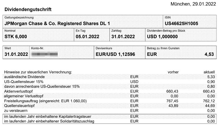 Abrechnung JPMorgan Chase Dividende Januar 2022 Abrechnung JPMorgan Chase Dividende Januar 2022