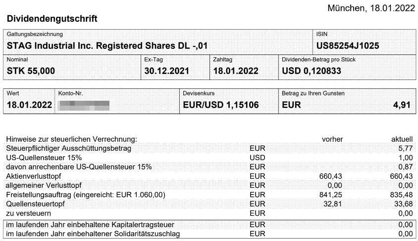 Abrechnung STAG Industrial Dividende Januar 2022 Abrechnung STAG Industrial Dividende Januar 2022